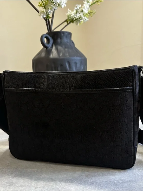 Coach Black Signature Messenger Bag with Brown Center Stripes - Picture 4 of 8